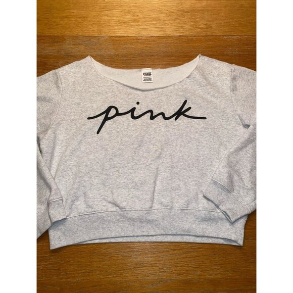 PINK Victoria's Secret Tops - PINK Victoria's Secret Light Gray Cropped Sweatshirt with Black Script